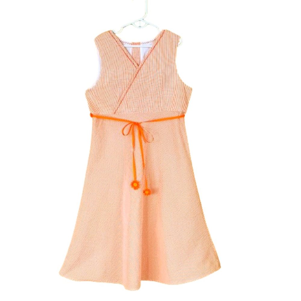 Bailey Boys Stripe Seersucker Dress 10 Orange w Ribbon Waist Tie Crochet Daisies